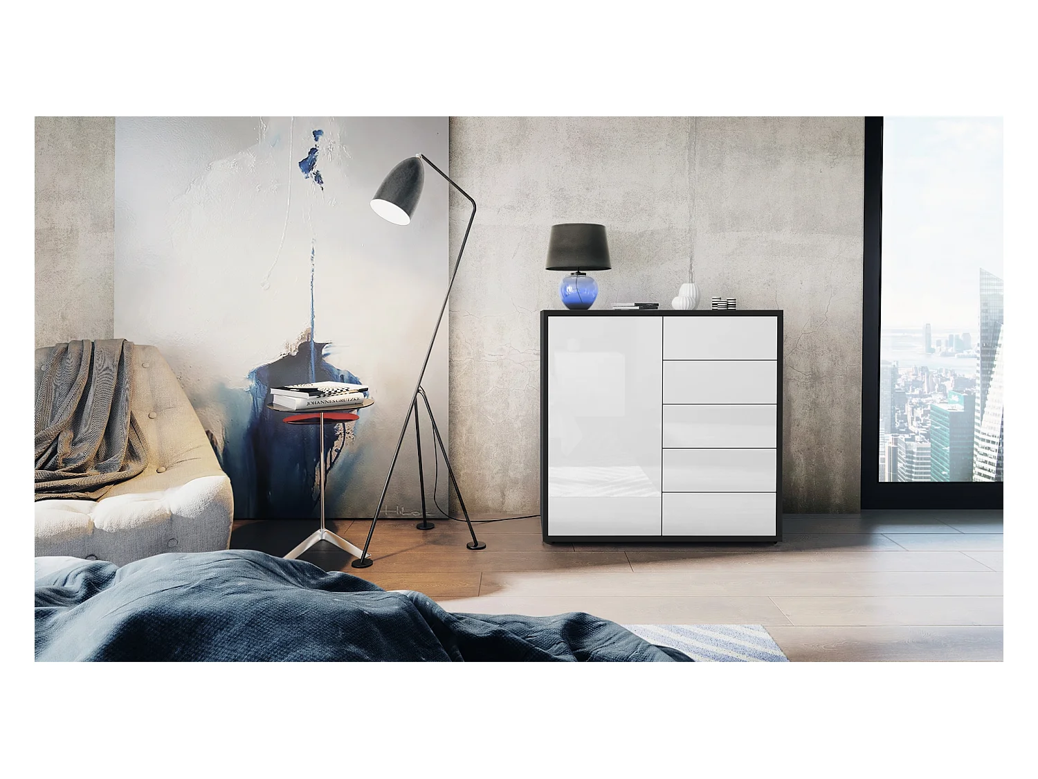 Buffet Ben V2, Commode avec 1 portes et 5 tiroirs, Noir mat/Blanc haute brillance (79 x 74 x 36 cm)