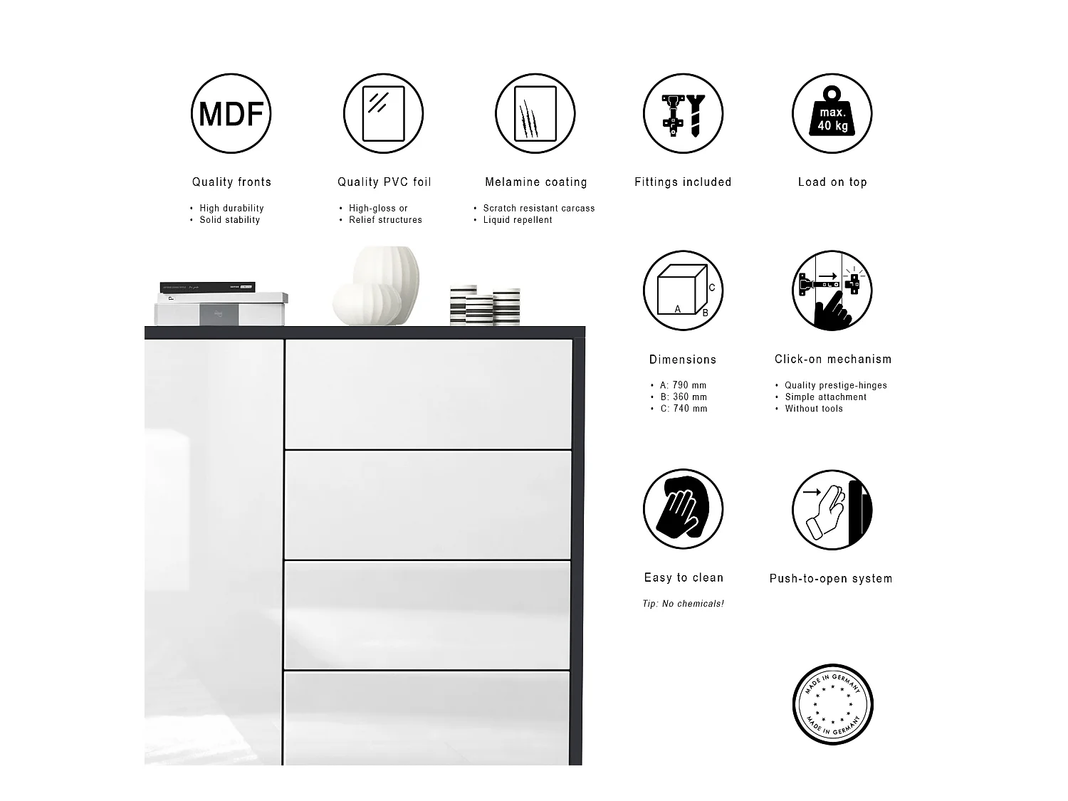 Buffet Ben V2, Commode avec 1 portes et 5 tiroirs, Noir mat/Blanc haute brillance (79 x 74 x 36 cm)