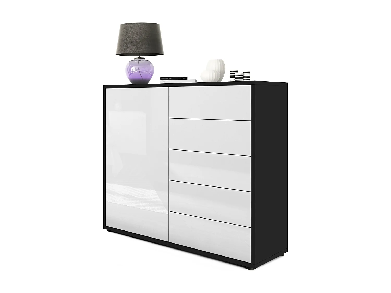 Madia  Ben V2, mobile con 1 anta e 5 cassetti, nero opaco/bianco lucido (79 x 74 x 36 cm)