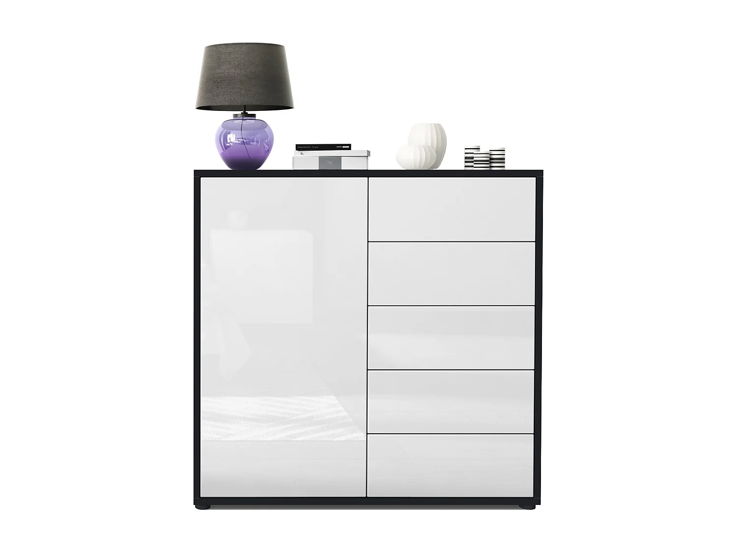 Madia  Ben V2, mobile con 1 anta e 5 cassetti, nero opaco/bianco lucido (79 x 74 x 36 cm)