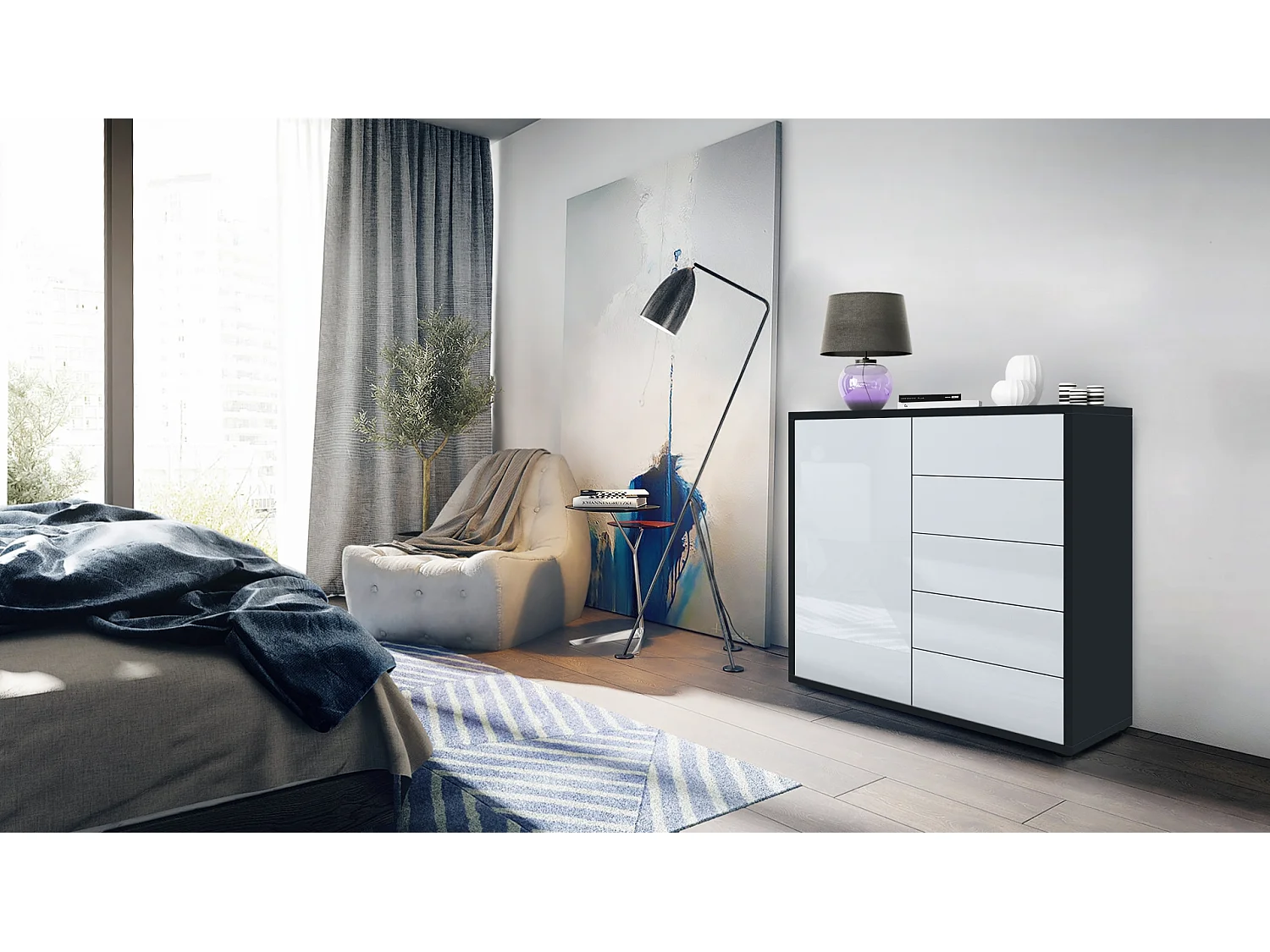 Madia  Ben V2, mobile con 1 anta e 5 cassetti, nero opaco/bianco lucido (79 x 74 x 36 cm)