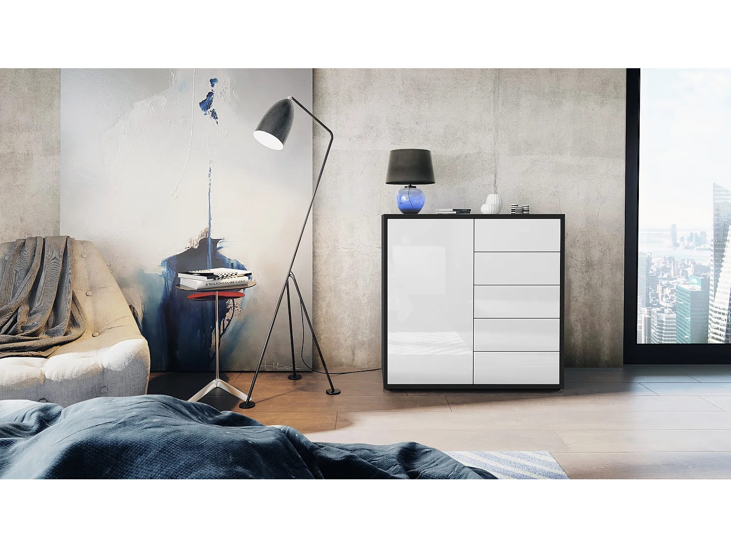 Madia  Ben V2, mobile con 1 anta e 5 cassetti, nero opaco/bianco lucido (79 x 74 x 36 cm)