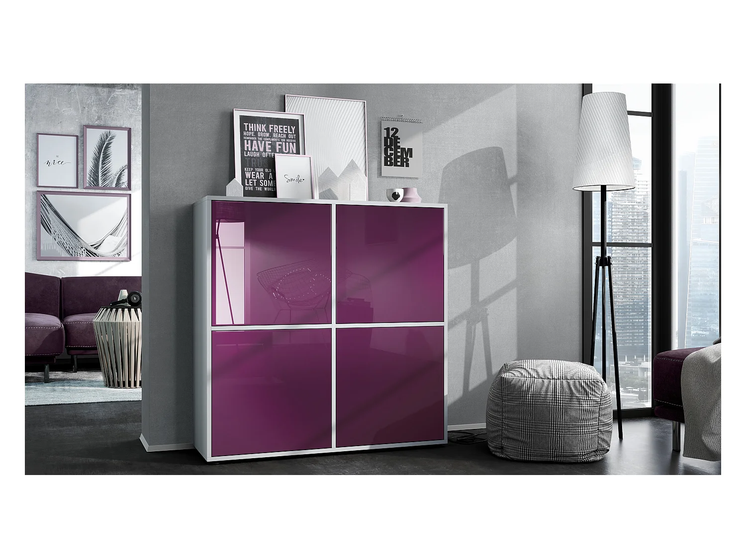 Highboard Cuba V2 Placard 104 x 105,5 x 35,5 cm Buffet à 8 compartiments, caisson en blanc mat / façades en Mûre laqué haute brillance