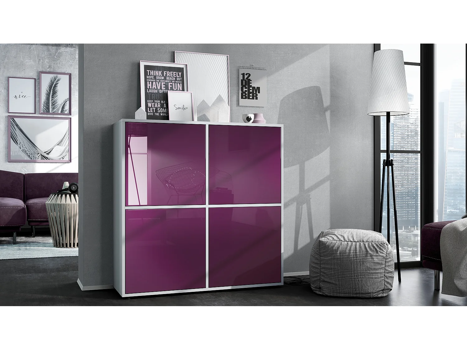 Credenza Cuba V2 Credenza 104 x 105,5 x 35,5 cm Credenza con 8 ripiani, Struttura in bianco opaco / Ante in violetto-porpora
