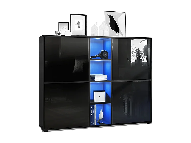 Vladon Credenza Cuba V3, nero opaco/nero lucido incl. LED - Credenza moderna con 12 scomparti (130,5 x 105,5 x 35,5 cm)