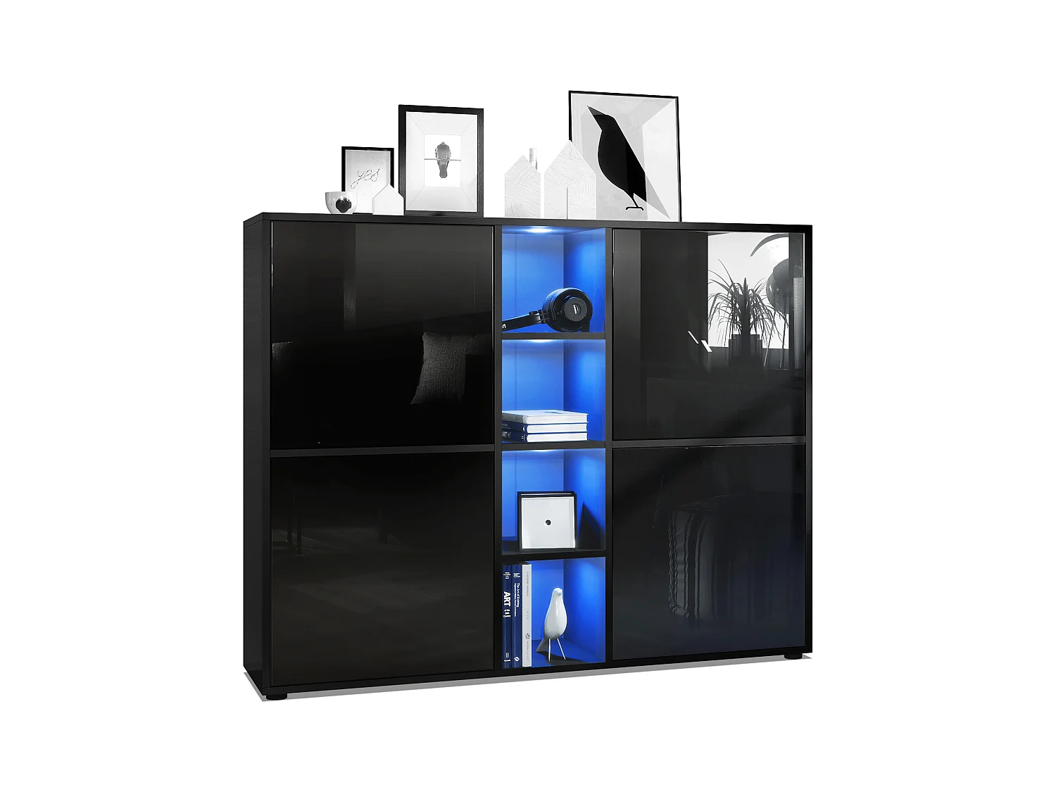 Highboard Cuba V3, noir mat/noir haute brillance y compris LED - Buffet moderne à 12 compartiments (130,5 x 105,5 x 35,5 cm)