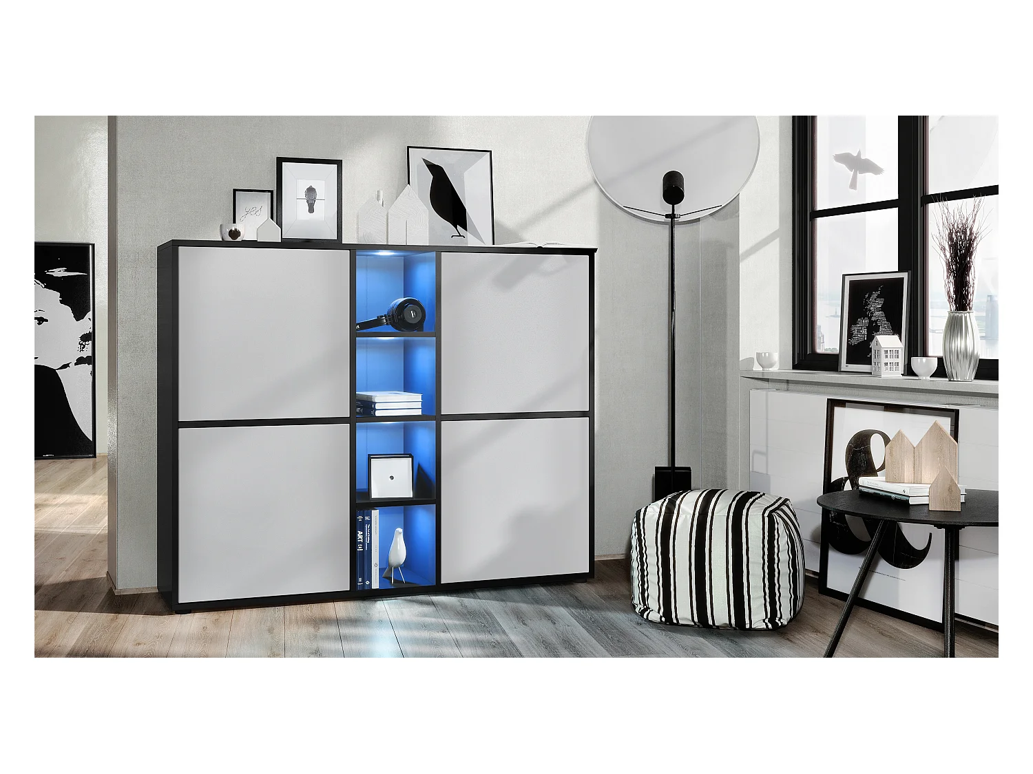 Highboard Cuba V3, noir mat/gris clair satiné mat y compris LED - Buffet moderne à 12 compartiments (130,5 x 105,5 x 35,5 cm)