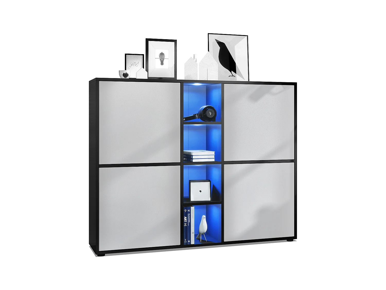 Highboard Cuba V3, noir mat/gris clair satiné mat y compris LED - Buffet moderne à 12 compartiments (130,5 x 105,5 x 35,5 cm)