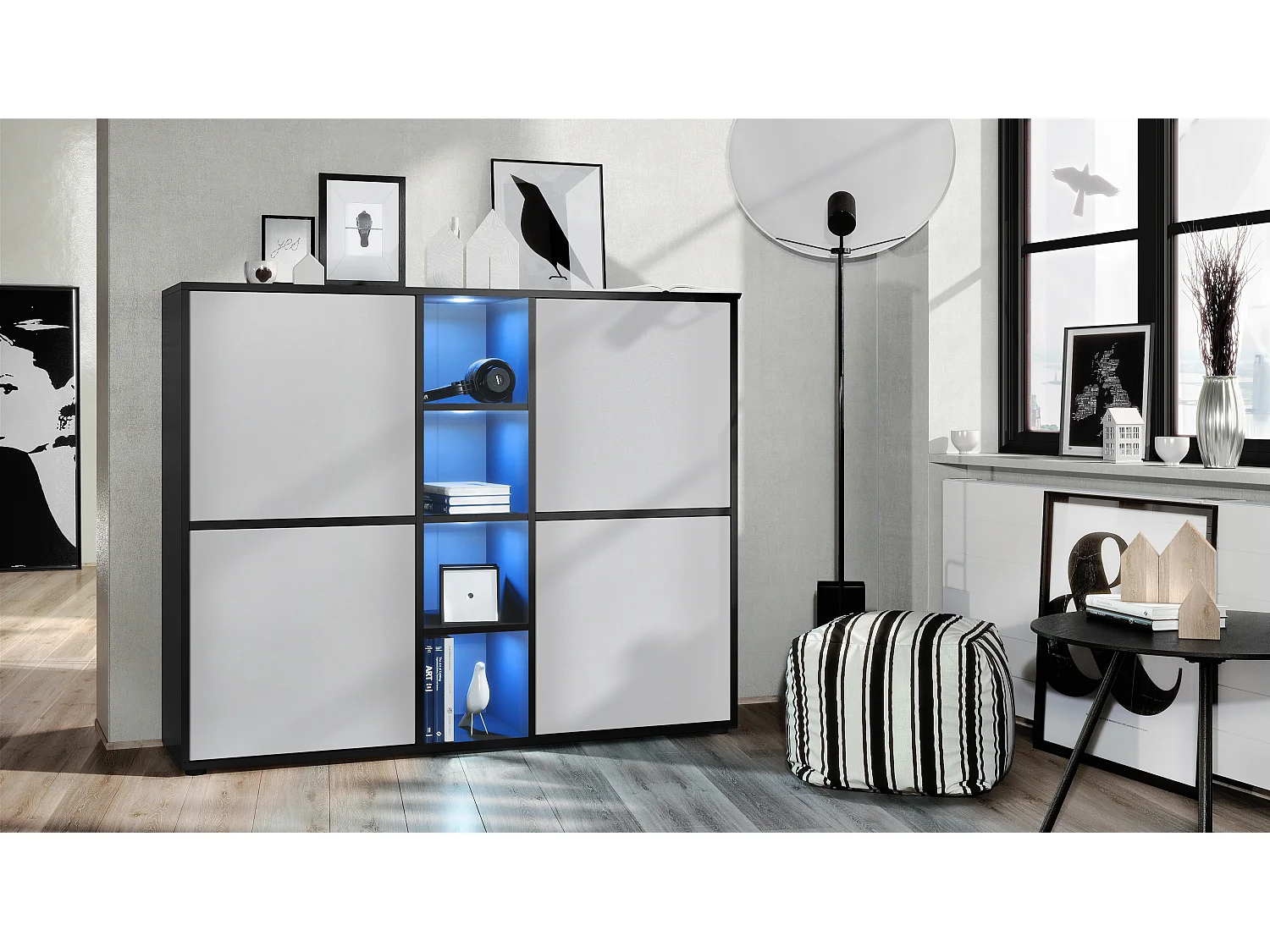 Highboard Cuba V3, noir mat/gris clair satiné mat y compris LED - Buffet moderne à 12 compartiments (130,5 x 105,5 x 35,5 cm)