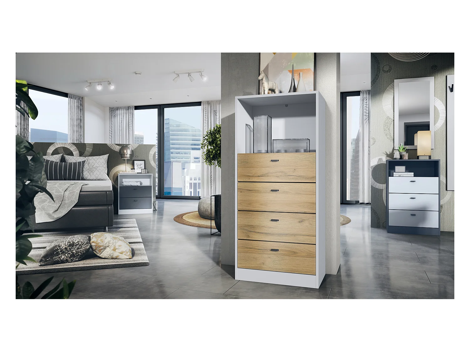 Commode Buffet Pino V3, avec 4 tiroirs & 1 compartiment ouvert, Anthracite mat/Chêne Nature sans LED (56 x 125 x 36 cm)