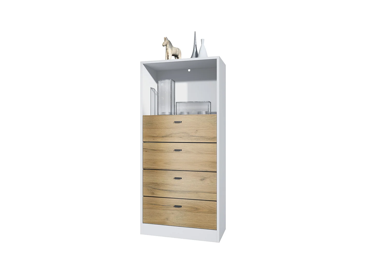 Commode Buffet Pino V3, avec 4 tiroirs & 1 compartiment ouvert, Anthracite mat/Chêne Nature sans LED (56 x 125 x 36 cm)