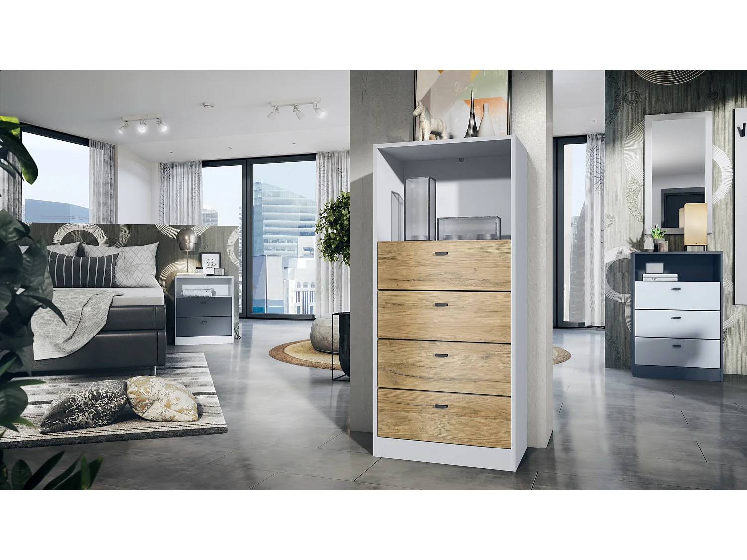 Cassettiera Pino V3, Credenza con 4 cassetti e 1 vano a giorno, bianco opaco/quercia naturale senza LED (56 x 125 x 36 cm)