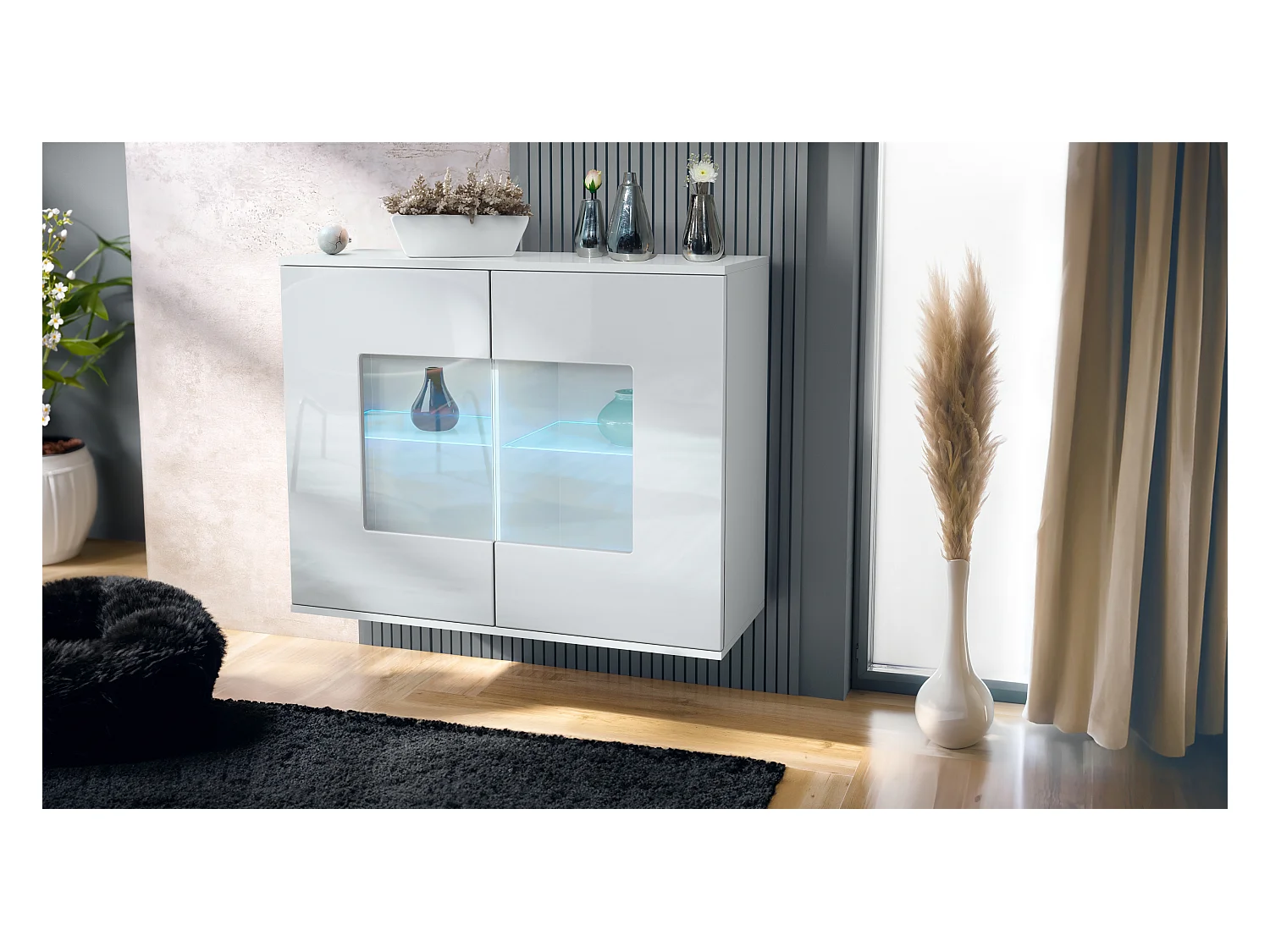 Commode Grömitz V3, Armoire de cuisine moderne avec 2 grandes portes vitrées incl. éclairage RGB blanc mat / blanc haute brillance (92,5 x 73.5 x 35)