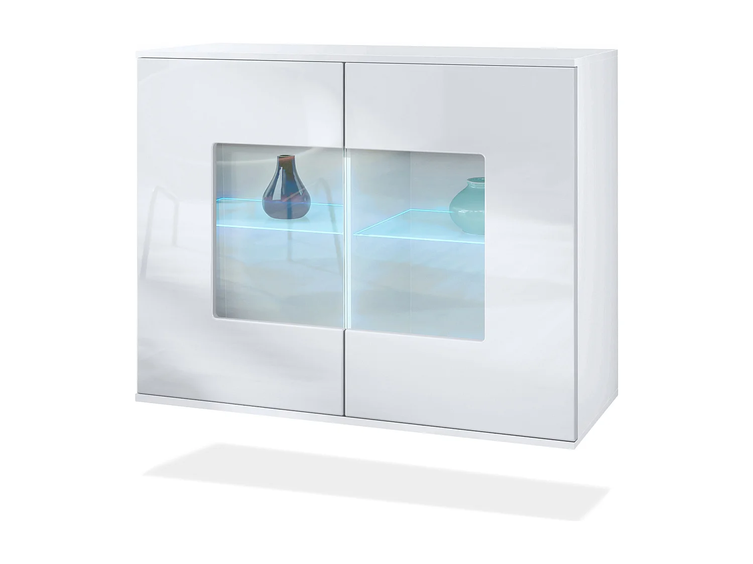 Cómoda Grömitz V3, Moderno armario de cocina con 2 grandes puertas de cristal incl. iluminación RGB blanco mate / blanco de alto brillo (92,5 x 73.5 x 35)