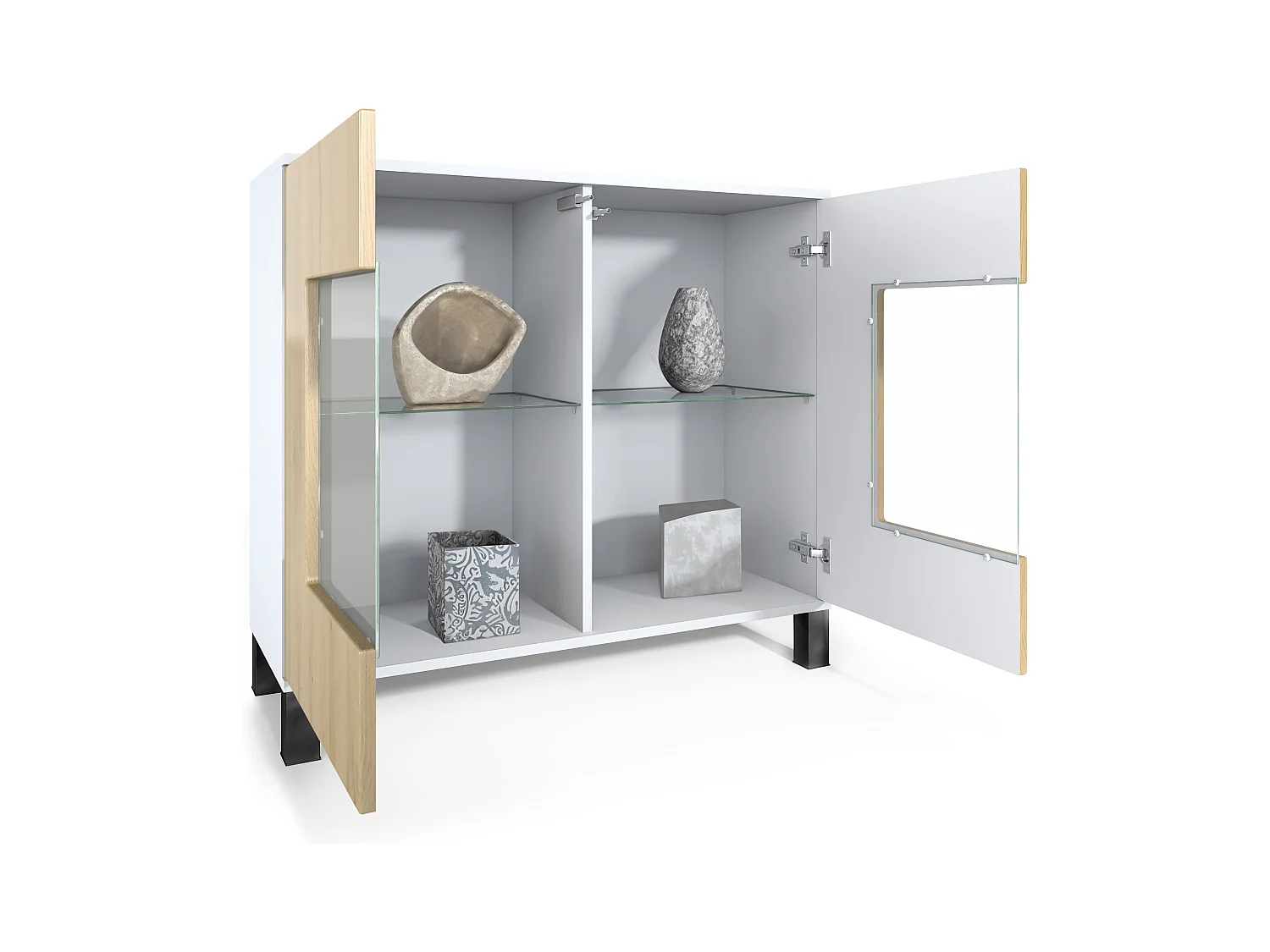 Commode Grömitz V3, Armoire de cuisine moderne avec 2 grandes portes vitrées incl. éclairage RGB blanc mat / blanc haute brillance (92,5 x 84.5 x 35)