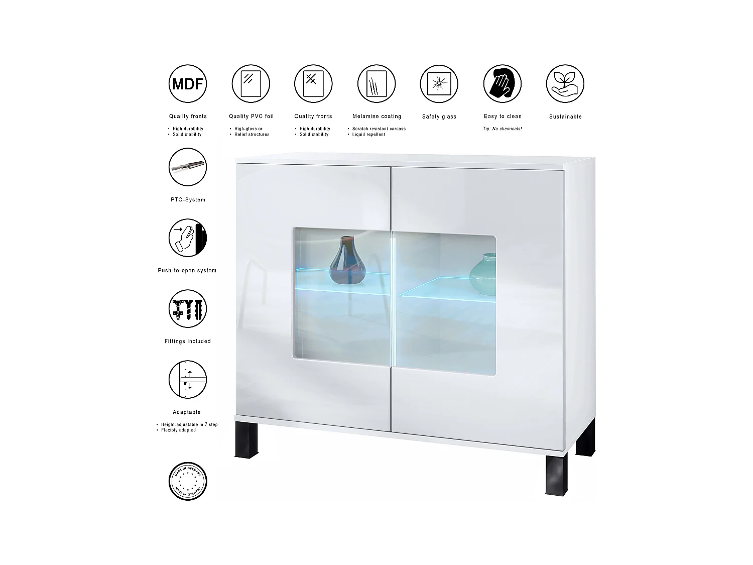 Commode Grömitz V3, Armoire de cuisine moderne avec 2 grandes portes vitrées incl. éclairage RGB blanc mat / blanc haute brillance (92,5 x 84.5 x 35)