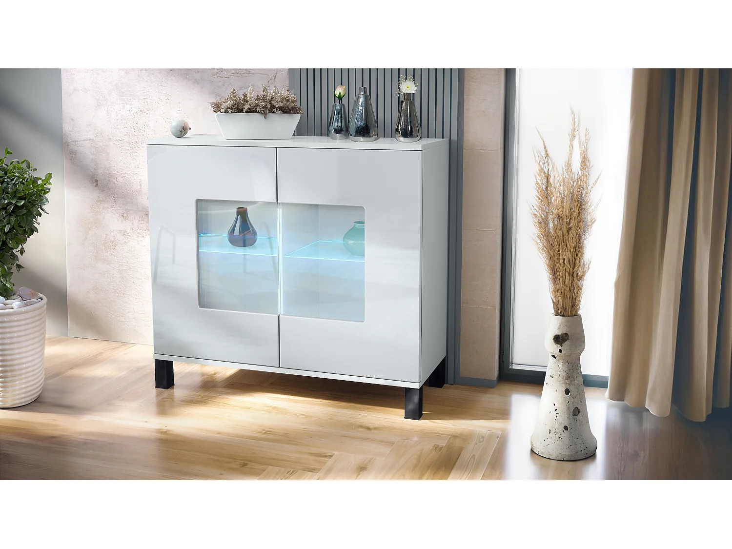 Commode Grömitz V3, Armoire de cuisine moderne avec 2 grandes portes vitrées incl. éclairage RGB blanc mat / blanc haute brillance (92,5 x 84.5 x 35)