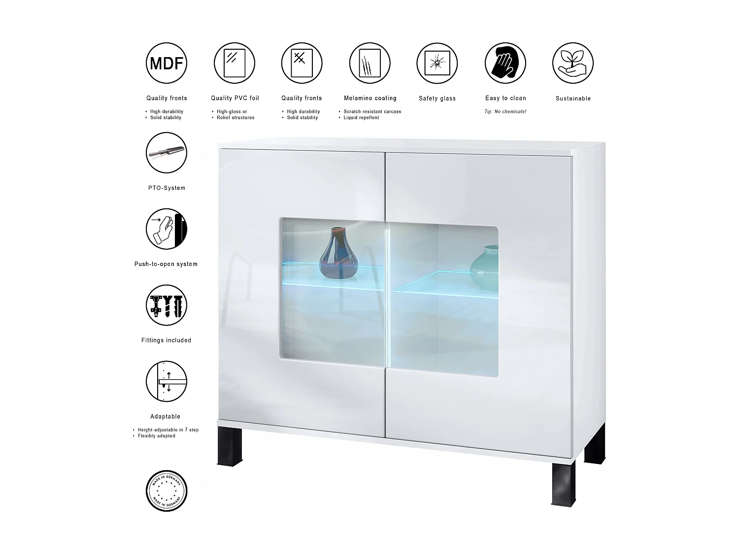 Commode Grömitz V3, Armoire de cuisine moderne avec 2 grandes portes vitrées incl. éclairage RGB blanc mat / blanc haute brillance (92,5 x 84.5 x 35)