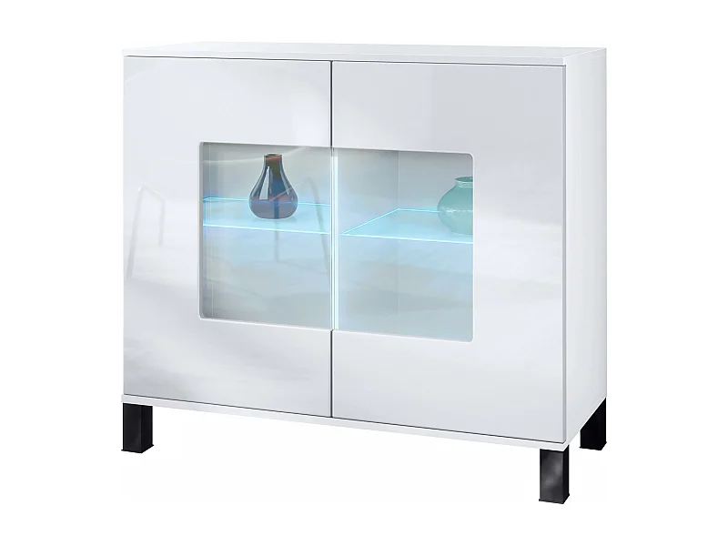 Cassettiera Grömitz V3, Mobile da cucina moderno con 2 grandi ante in vetro incl. illuminazione RGB bianco opaco / bianco lucido (92,5 x 84.5 x 35)