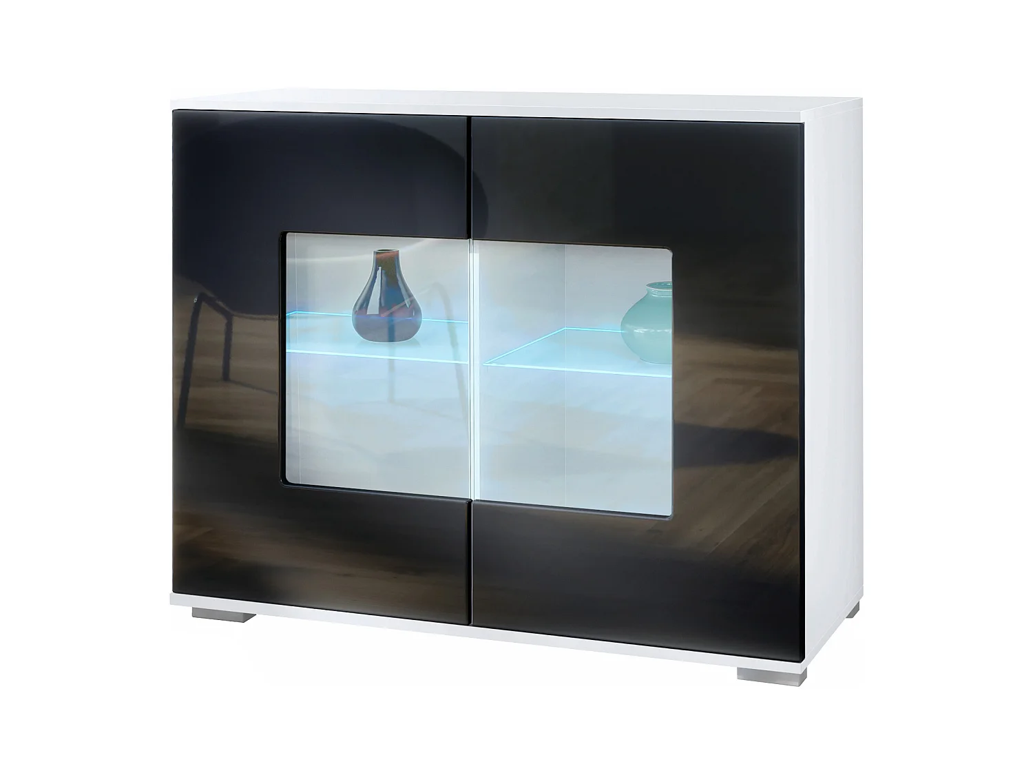 Commode Grömitz V3, Armoire de cuisine moderne avec 2 grandes portes vitrées incl. éclairage RGB blanc mat / noir haute brillance (92,5 x 75.5 x 35)