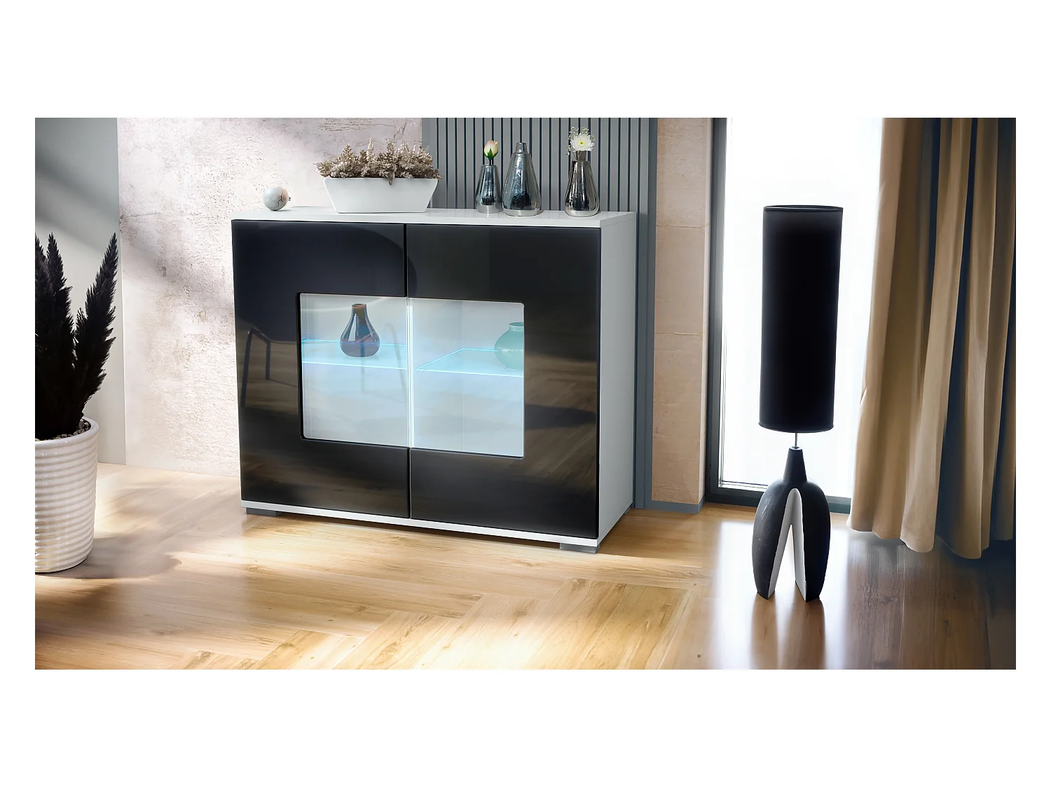 Commode Grömitz V3, Armoire de cuisine moderne avec 2 grandes portes vitrées incl. éclairage RGB blanc mat / noir haute brillance (92,5 x 75.5 x 35)