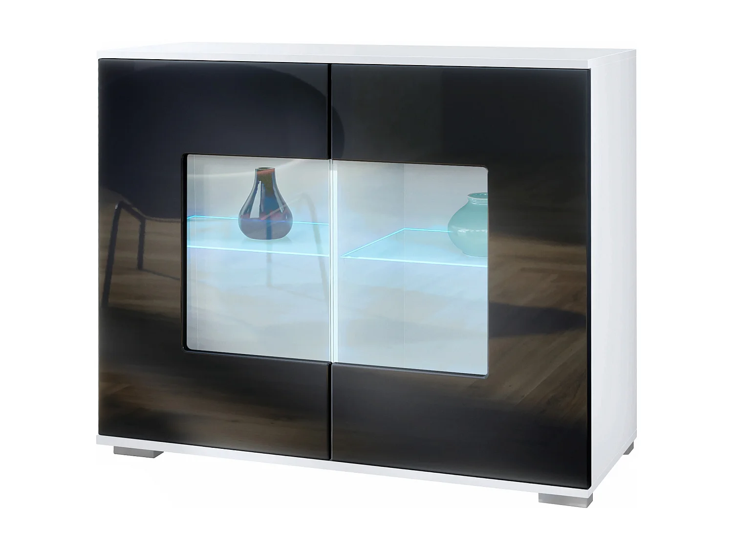 Cassettiera Grömitz V3, Mobile da cucina moderno con 2 grandi ante in vetro incl. illuminazione RGB bianco opaco / nero lucido (92,5 x 75.5 x 35)