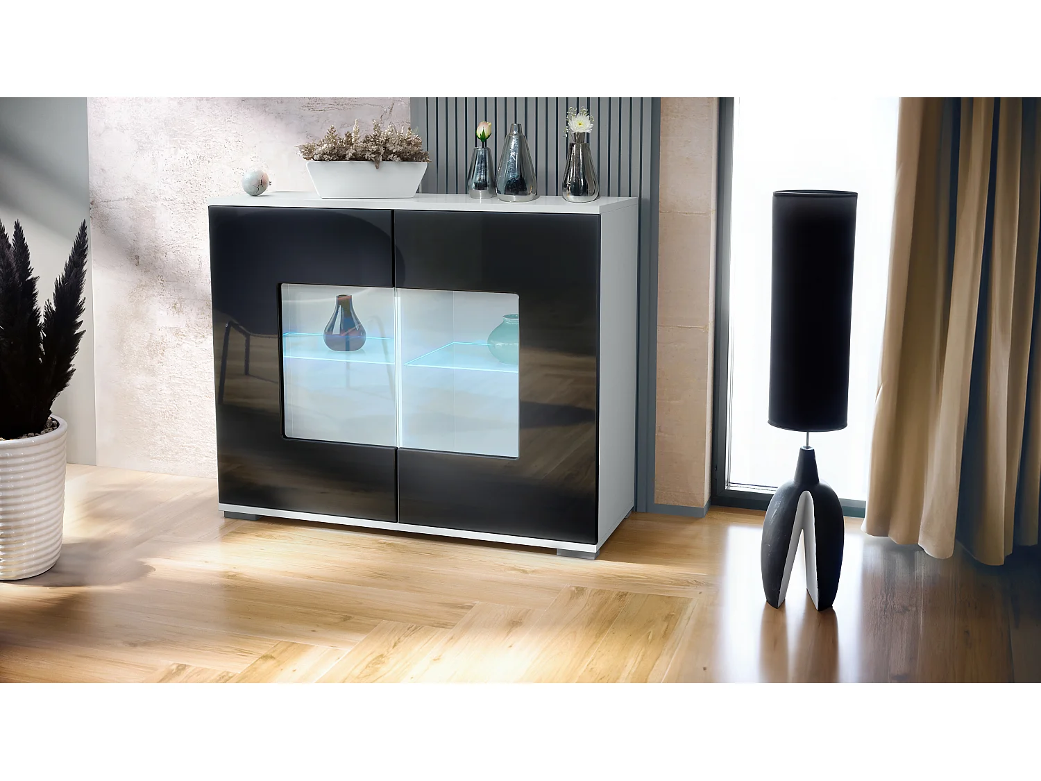 Cassettiera Grömitz V3, Mobile da cucina moderno con 2 grandi ante in vetro incl. illuminazione RGB bianco opaco / nero lucido (92,5 x 75.5 x 35)