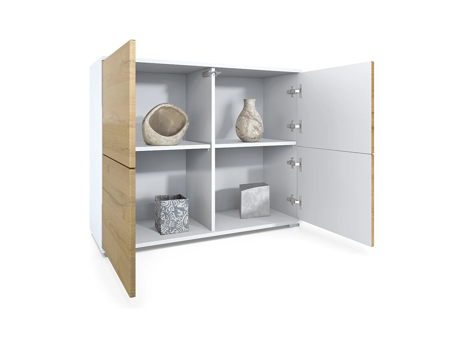 Buffet Rova V3 – Meuble de cuisine moderne avec 4 portes Push-to-Open blanc mat / aspect bronzé (92,5 x 75.5 x 35)