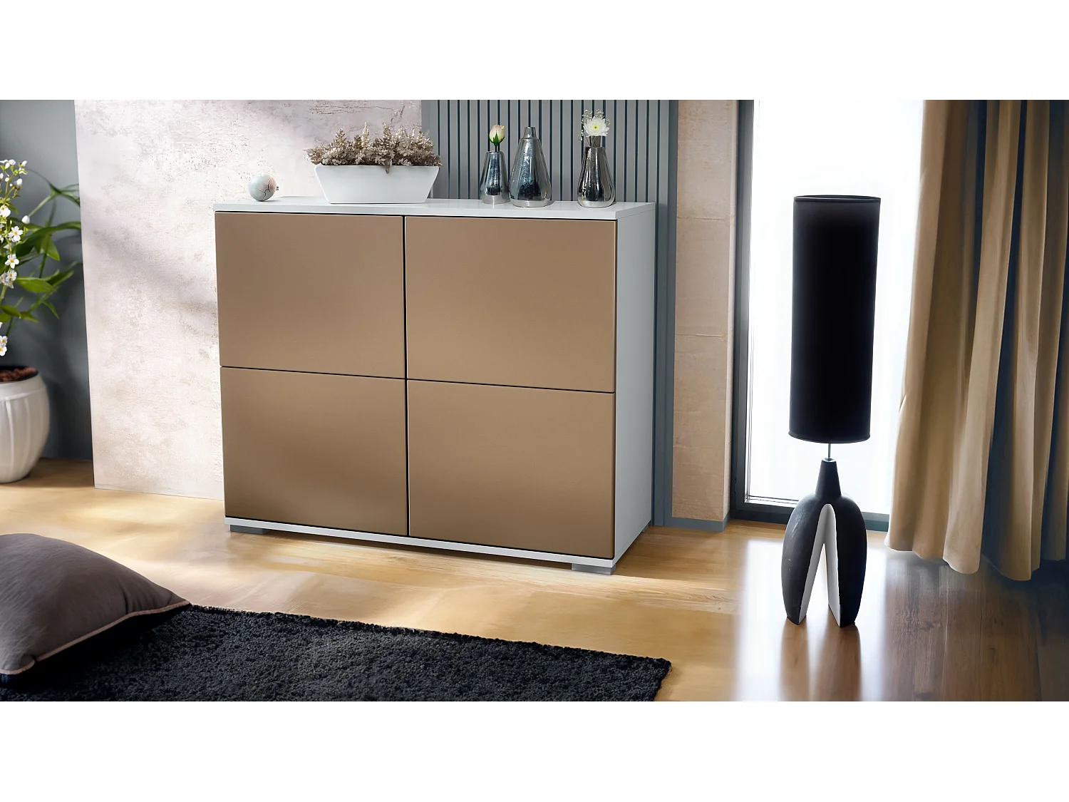 Buffet Rova V3 – Meuble de cuisine moderne avec 4 portes Push-to-Open blanc mat / aspect bronzé (92,5 x 75.5 x 35)