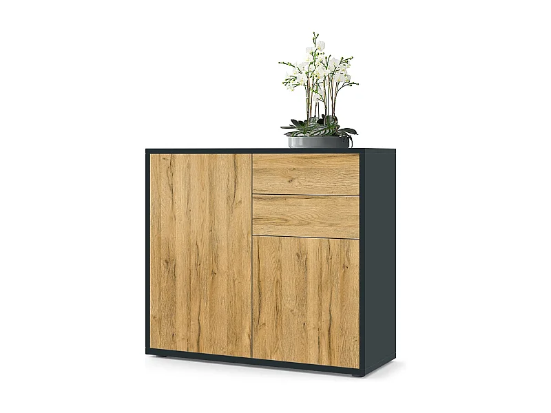 Buffet Ben, Commode avec 2 portes et 2 tiroirs, Noir mat/Chêne Nature (79 x 74 x 36 cm)