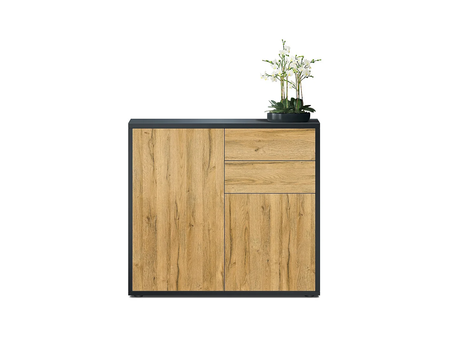 Buffet Ben, Commode avec 2 portes et 2 tiroirs, Noir mat/Chêne Nature (79 x 74 x 36 cm)