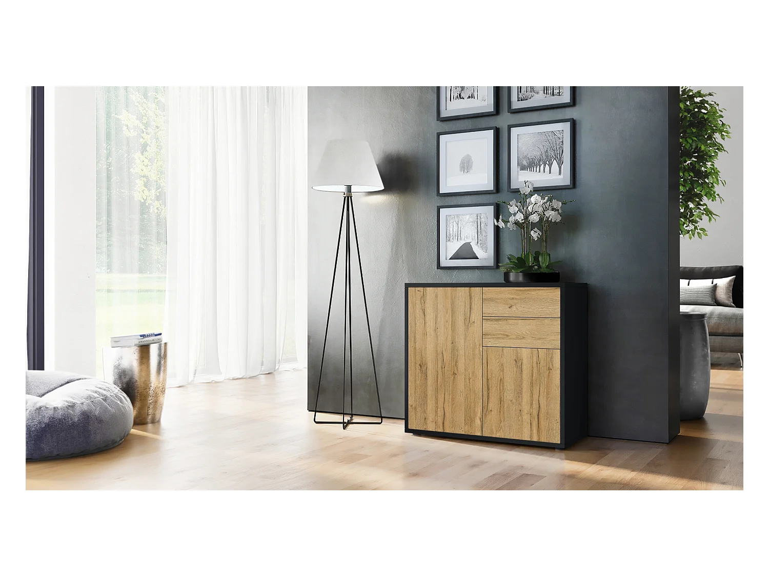 Buffet Ben, Commode avec 2 portes et 2 tiroirs, Noir mat/Chêne Nature (79 x 74 x 36 cm)