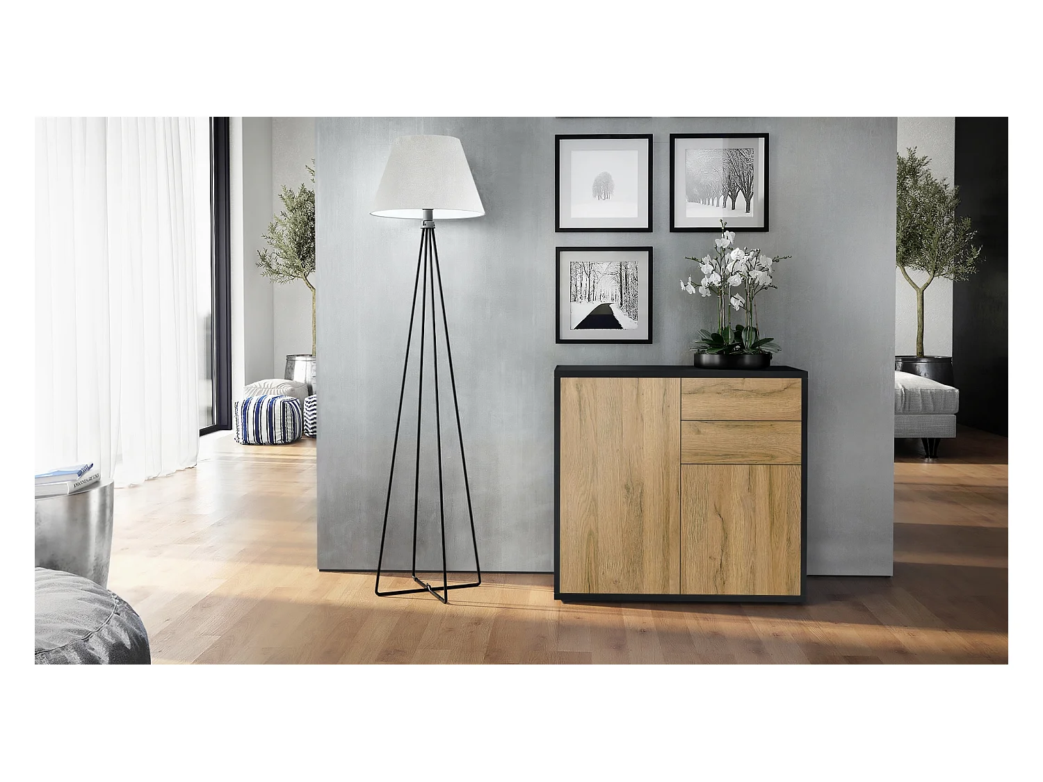 Buffet Ben, Commode avec 2 portes et 2 tiroirs, Noir mat/Chêne Nature (79 x 74 x 36 cm)