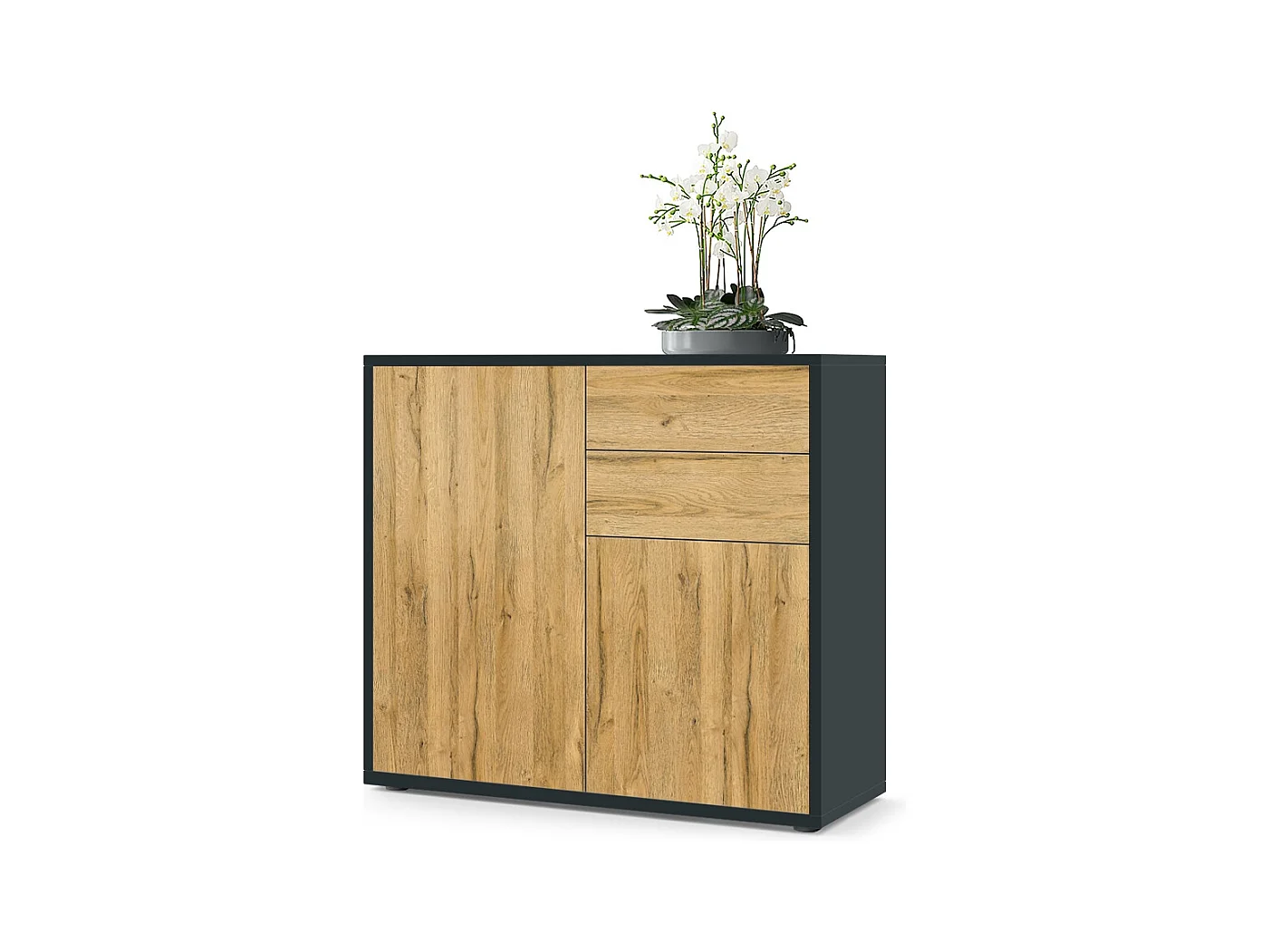 Buffet Ben, Commode avec 2 portes et 2 tiroirs, Noir mat/Chêne Nature (79 x 74 x 36 cm)