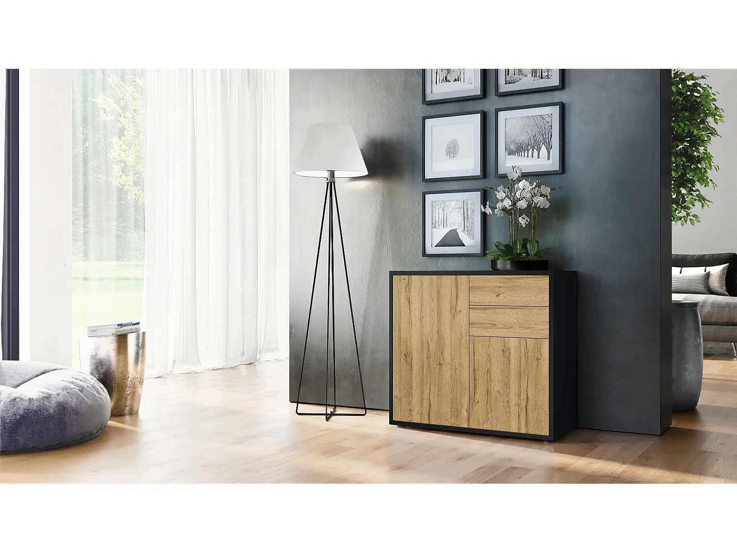 Madia  Ben, mobile con 2 ante e 2 cassetti, nero opaco/quercia naturale (79 x 74 x 36 cm)