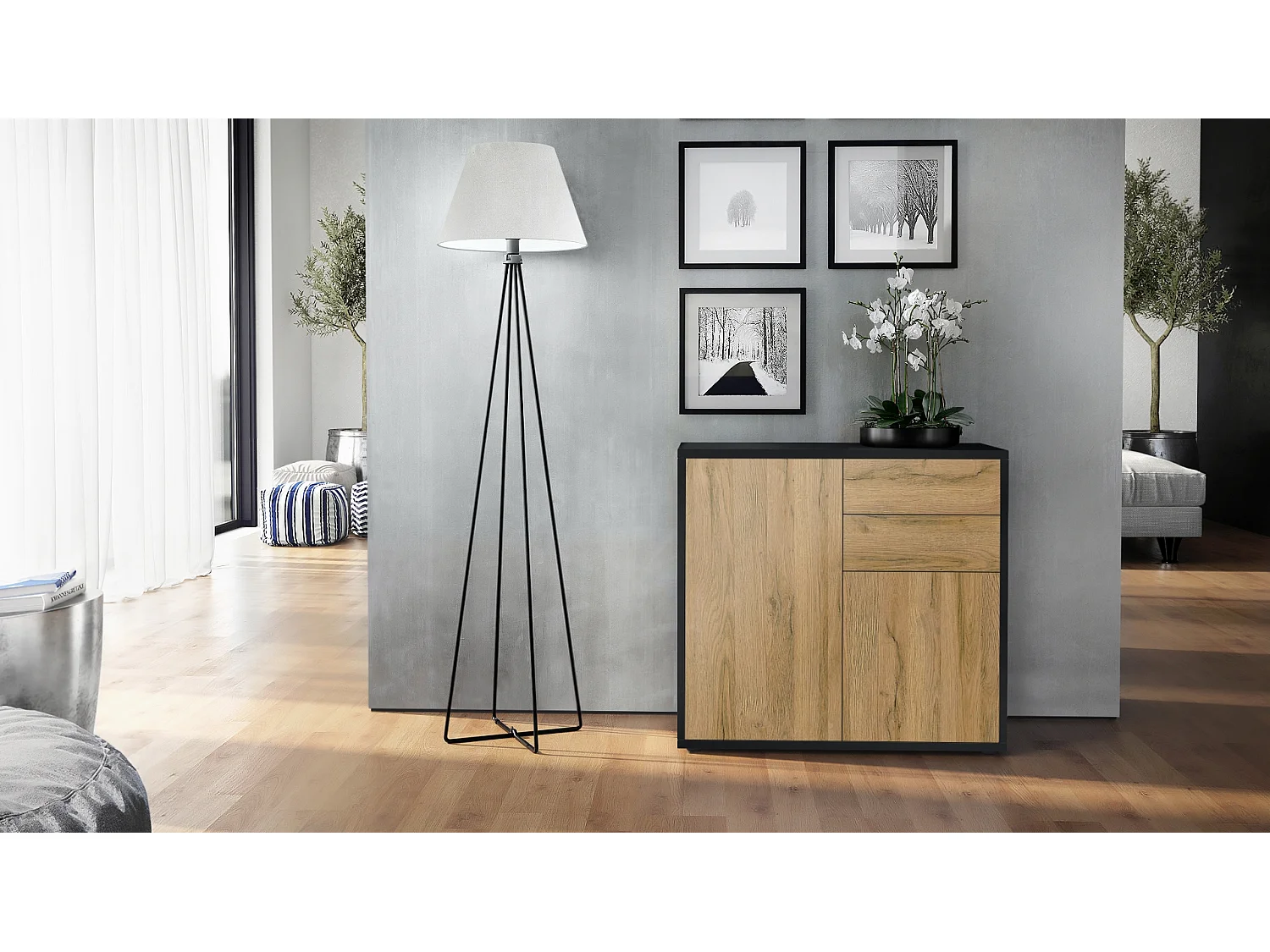 Madia  Ben, mobile con 2 ante e 2 cassetti, nero opaco/quercia naturale (79 x 74 x 36 cm)