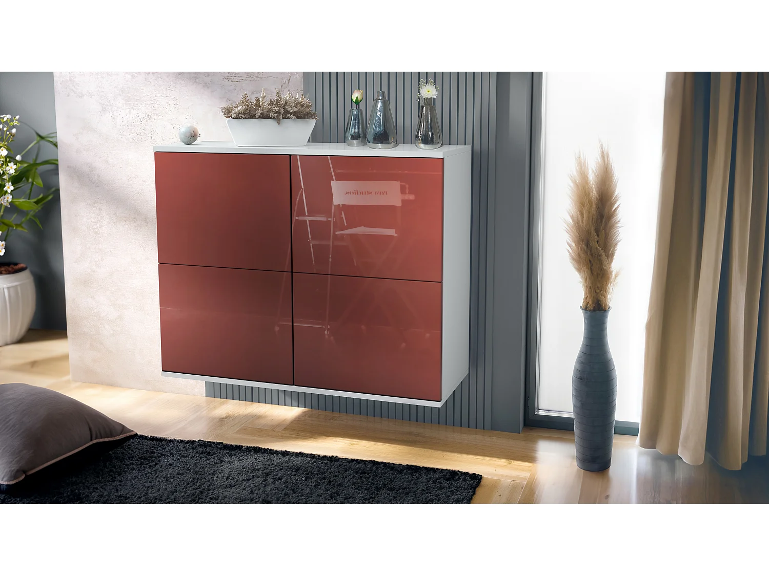 Credenza Rova V3 – Mobile da cucina moderno con 4 ante Push-to-Open bianco opaco / bordeaux lucido (92,5 x 73.5 x 35)