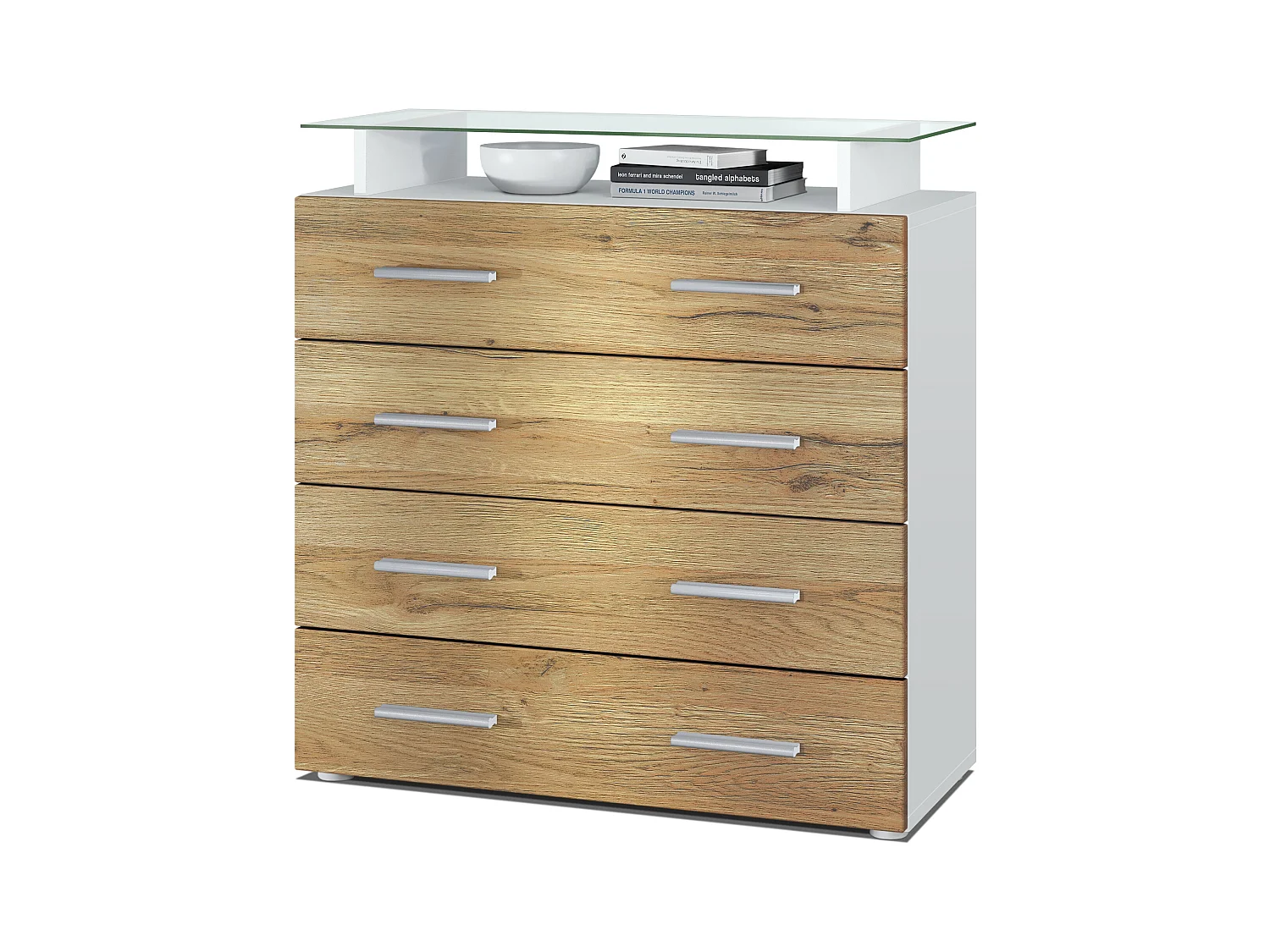 Buffet Pavos V2, Commode avec 4 tiroirs et mini-étagère en verre, blanc mat/chêne nature (76 x 81 x 35 cm)