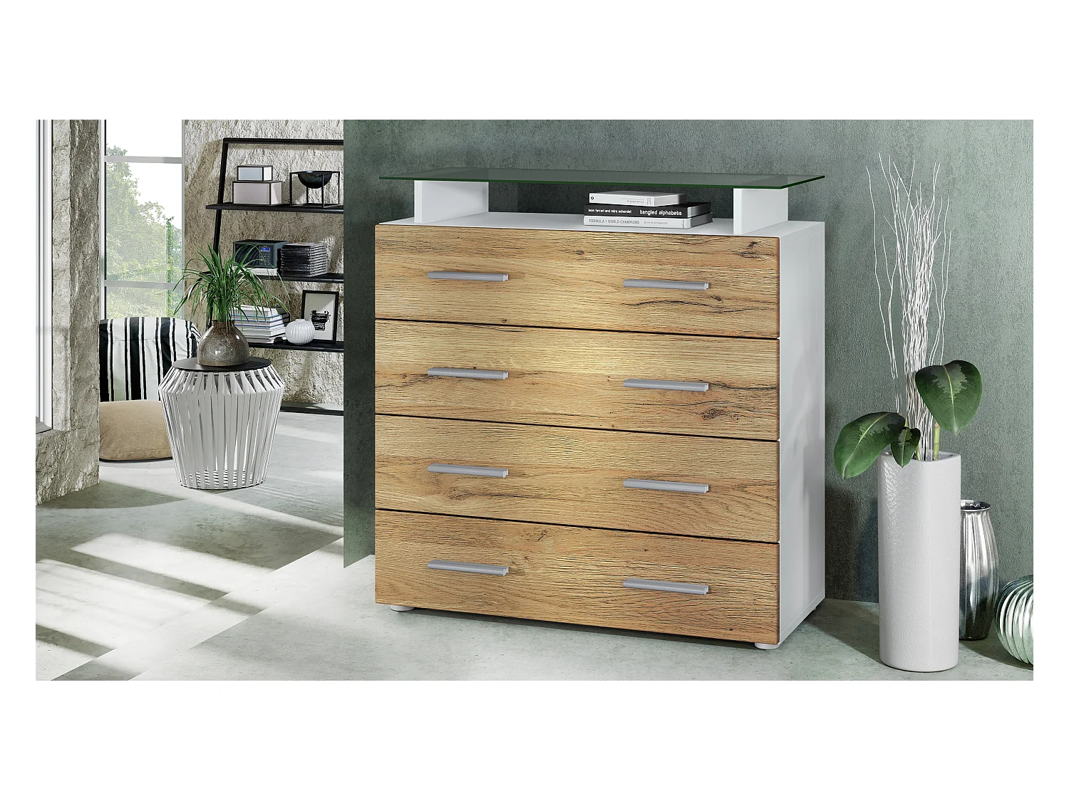 Buffet Pavos V2, Commode avec 4 tiroirs et mini-étagère en verre, blanc mat/chêne nature (76 x 81 x 35 cm)