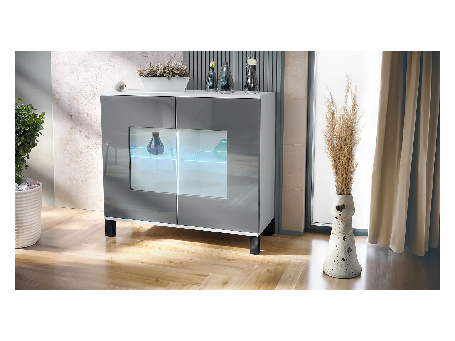 Commode Grömitz V3, Armoire de cuisine moderne avec 2 grandes portes vitrées incl. éclairage RGB blanc mat / gris haute brillance (92,5 x 84.5 x 35)