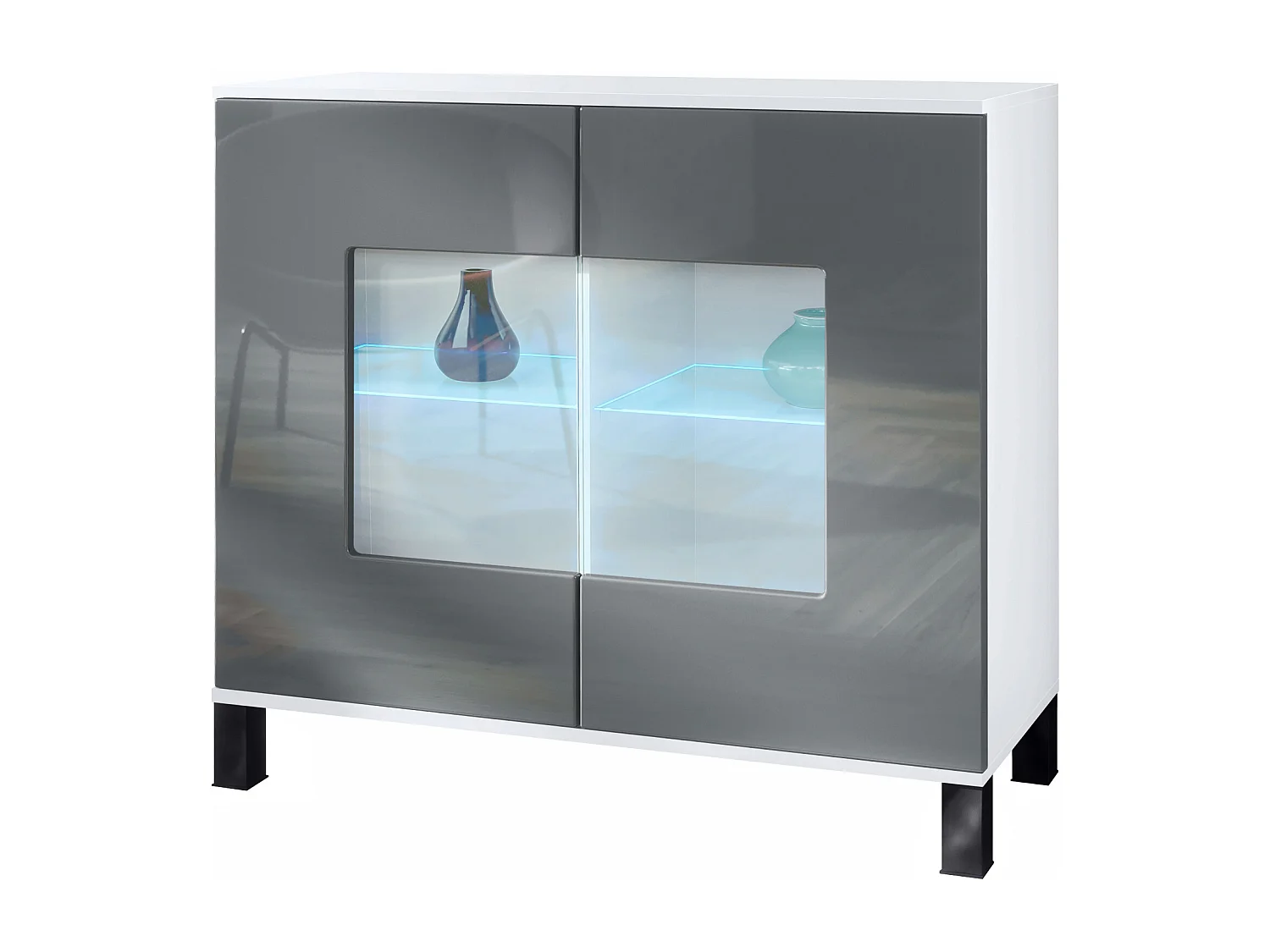 Commode Grömitz V3, Armoire de cuisine moderne avec 2 grandes portes vitrées incl. éclairage RGB blanc mat / gris haute brillance (92,5 x 84.5 x 35)