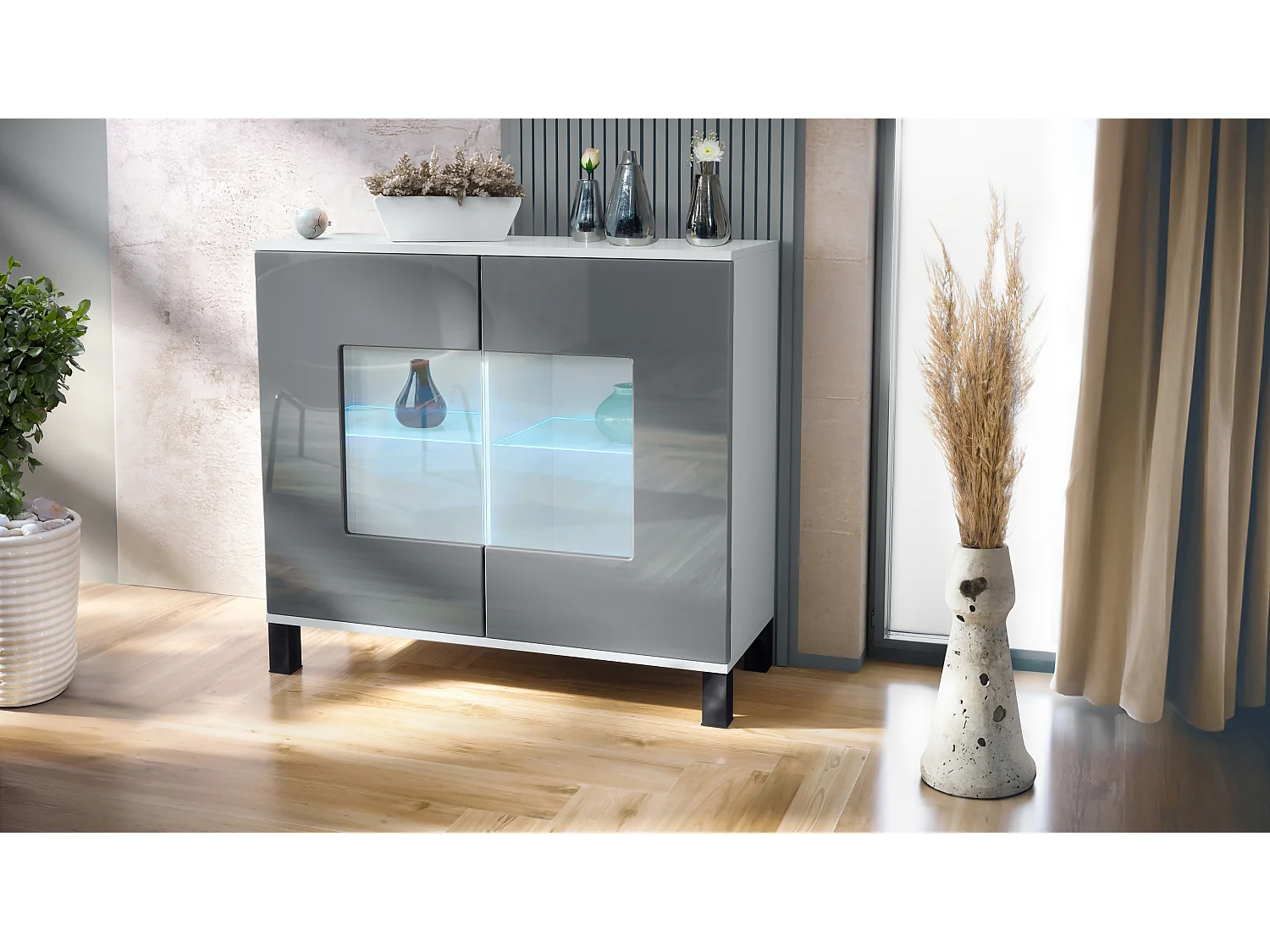 Commode Grömitz V3, Armoire de cuisine moderne avec 2 grandes portes vitrées incl. éclairage RGB blanc mat / gris haute brillance (92,5 x 84.5 x 35)