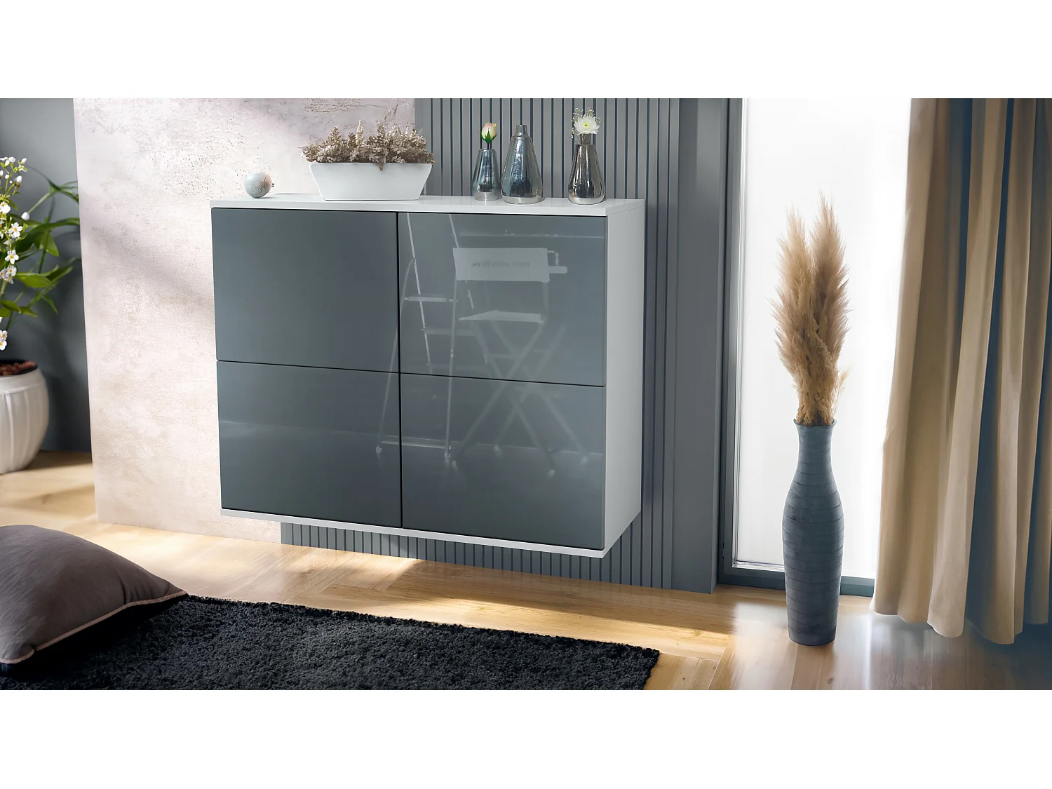 Credenza Rova V3 – Mobile da cucina moderno con 4 ante Push-to-Open bianco opaco / grigio lucido (92,5 x 73.5 x 35)