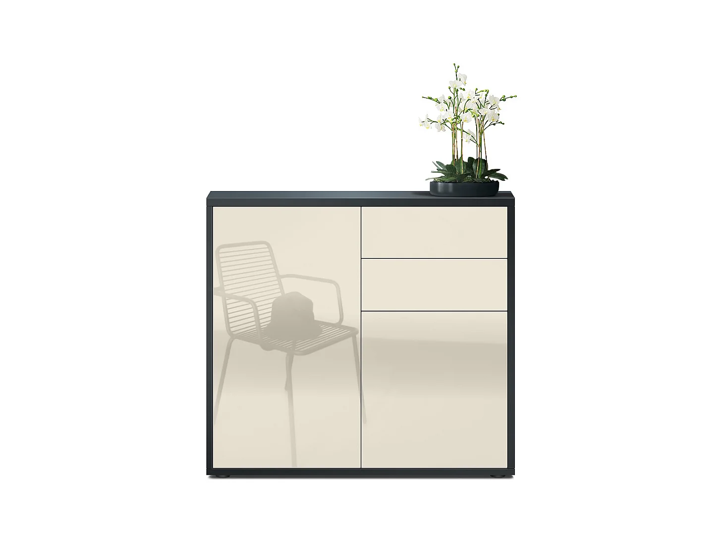 Buffet Ben, Commode avec 2 portes et 2 tiroirs, Noir mat/Crème haute brillance (79 x 74 x 36 cm)