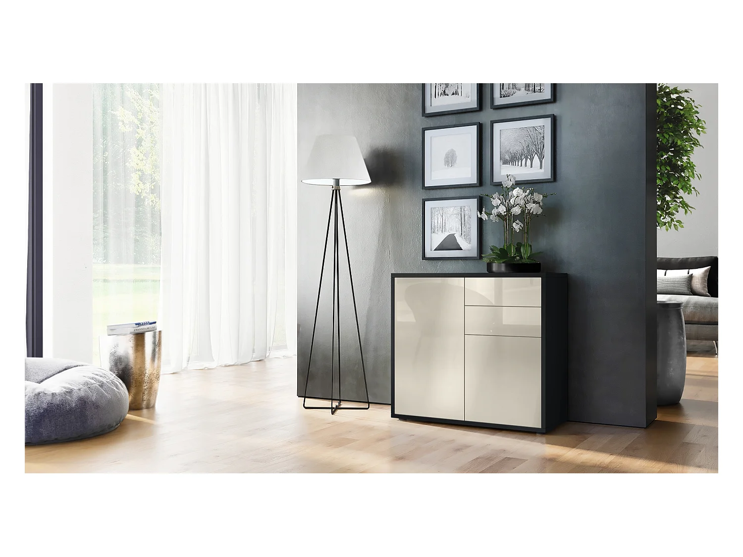 Buffet Ben, Commode avec 2 portes et 2 tiroirs, Noir mat/Crème haute brillance (79 x 74 x 36 cm)