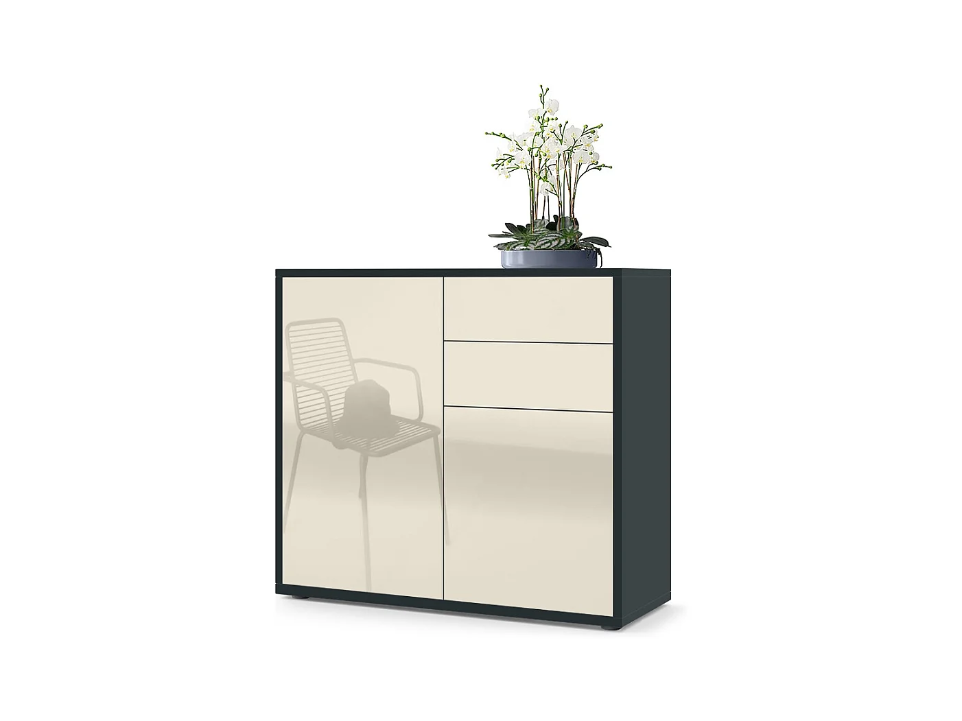 Buffet Ben, Commode avec 2 portes et 2 tiroirs, Noir mat/Crème haute brillance (79 x 74 x 36 cm)