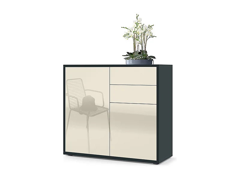 Buffet Ben, Commode avec 2 portes et 2 tiroirs, Noir mat/Crème haute brillance (79 x 74 x 36 cm)