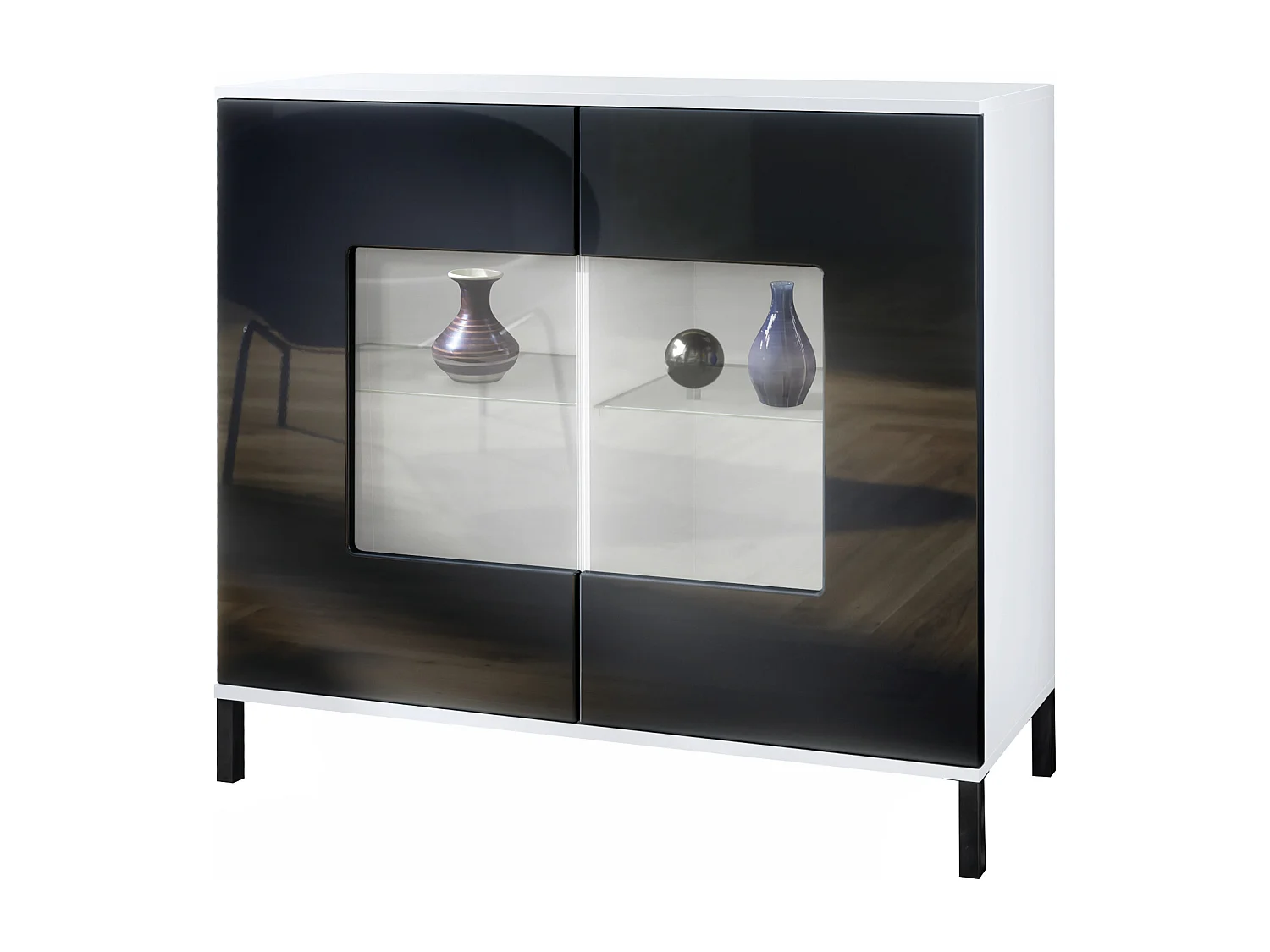 Commode Grömitz V3, Armoire de cuisine moderne avec 2 grandes portes vitrées blanc mat / noir haute brillance (92,5 x 83.5 x 35)