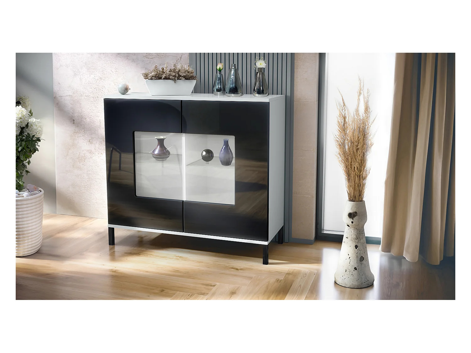 Commode Grömitz V3, Armoire de cuisine moderne avec 2 grandes portes vitrées blanc mat / noir haute brillance (92,5 x 83.5 x 35)