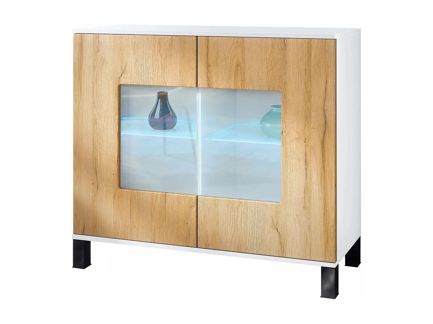 Commode Grömitz V3, Armoire de cuisine moderne avec 2 grandes portes vitrées incl. éclairage RGB blanc mat / chêne nature (92,5 x 84.5 x 35)